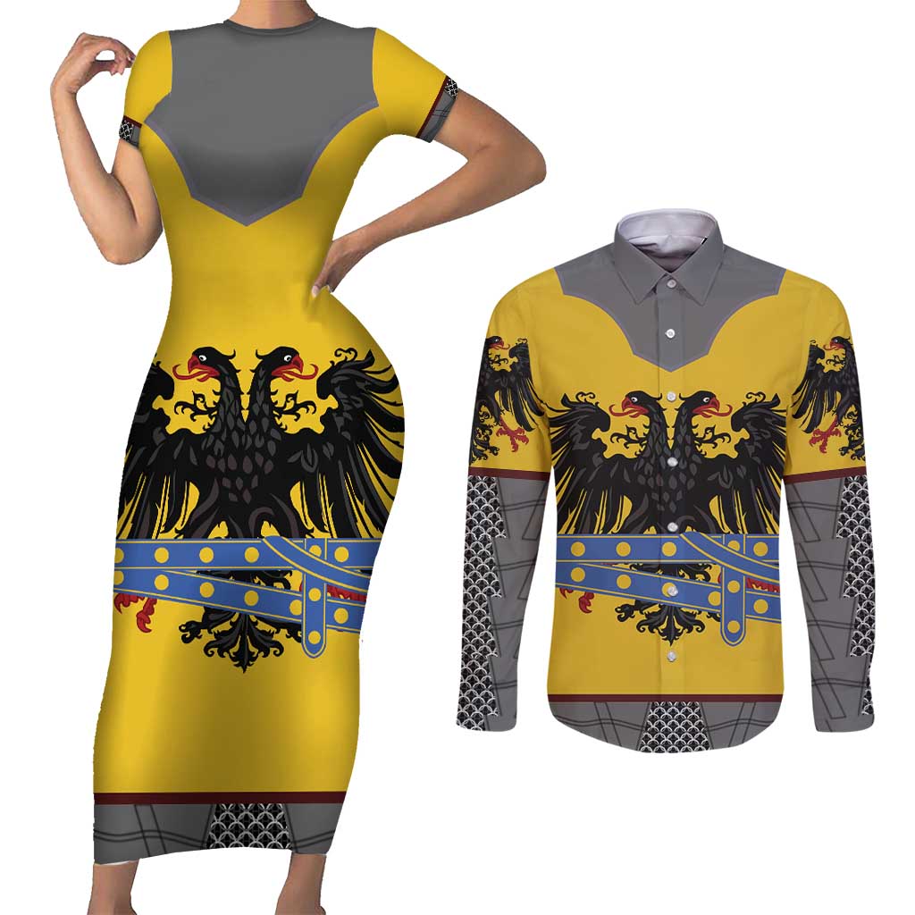 Century Holy Roman Empire Knight Costume Couples Matching Short Sleeve Bodycon Dress and Long Sleeve Button Shirt