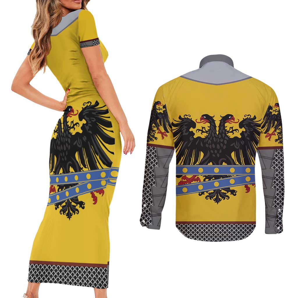 Century Holy Roman Empire Knight Costume Couples Matching Short Sleeve Bodycon Dress and Long Sleeve Button Shirt
