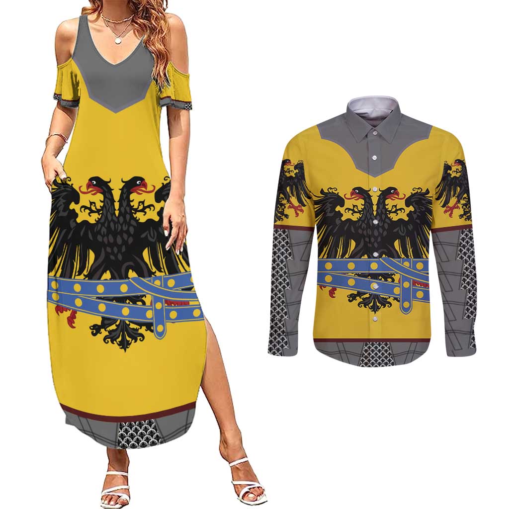 Century Holy Roman Empire Knight Costume Couples Matching Summer Maxi Dress and Long Sleeve Button Shirt