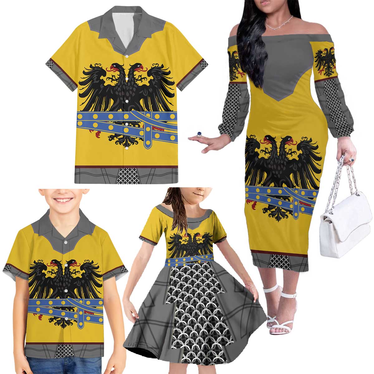 Century Holy Roman Empire Knight Costume Family Matching Off The Shoulder Long Sleeve Dress and Hawaiian Shirt