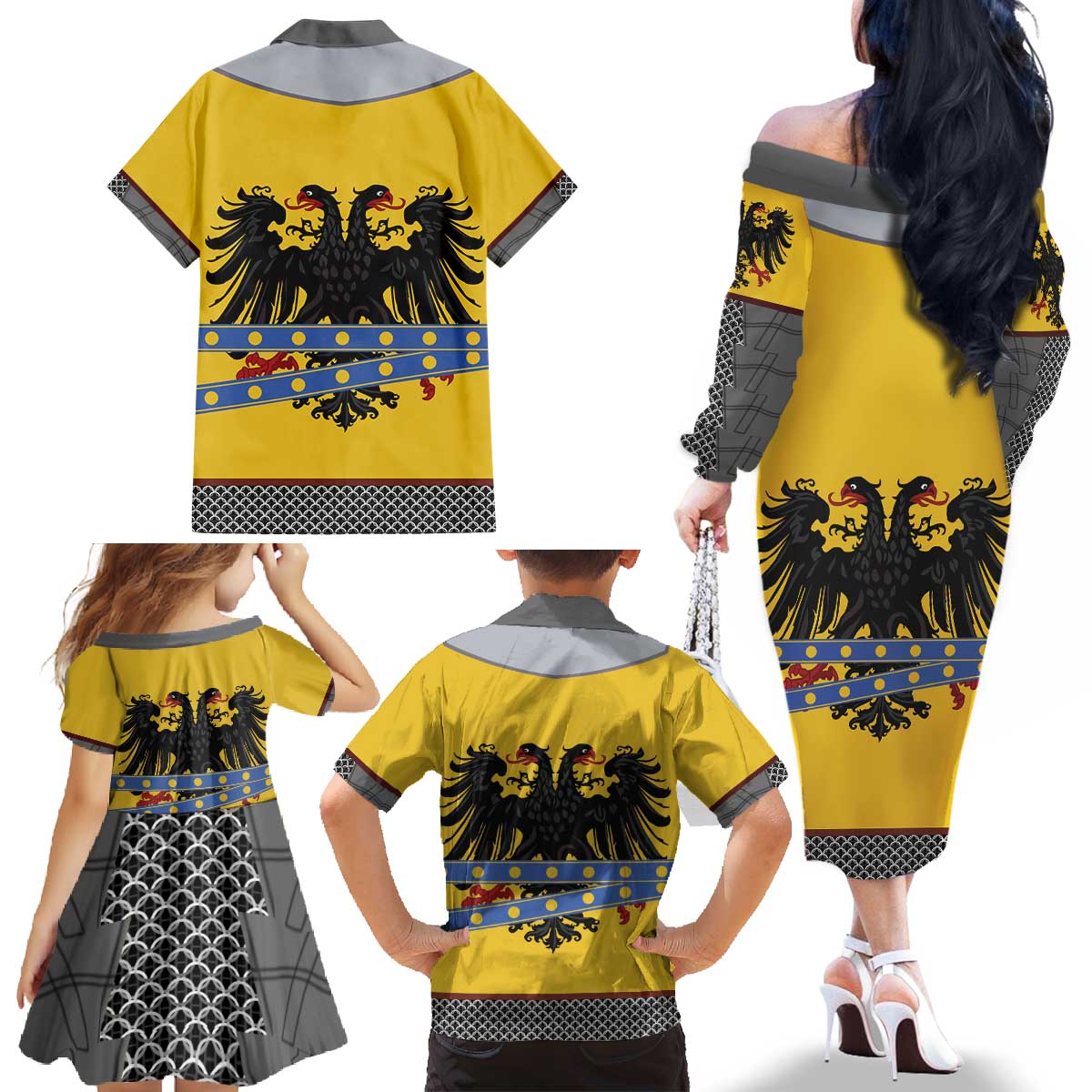 Century Holy Roman Empire Knight Costume Family Matching Off The Shoulder Long Sleeve Dress and Hawaiian Shirt