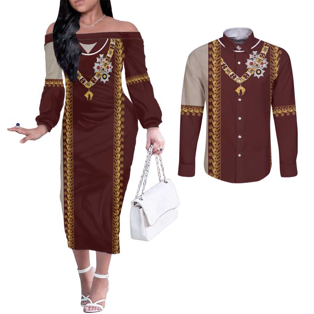 Holy Roman Emperor Costume Couples Matching Off The Shoulder Long Sleeve Dress and Long Sleeve Button Shirt