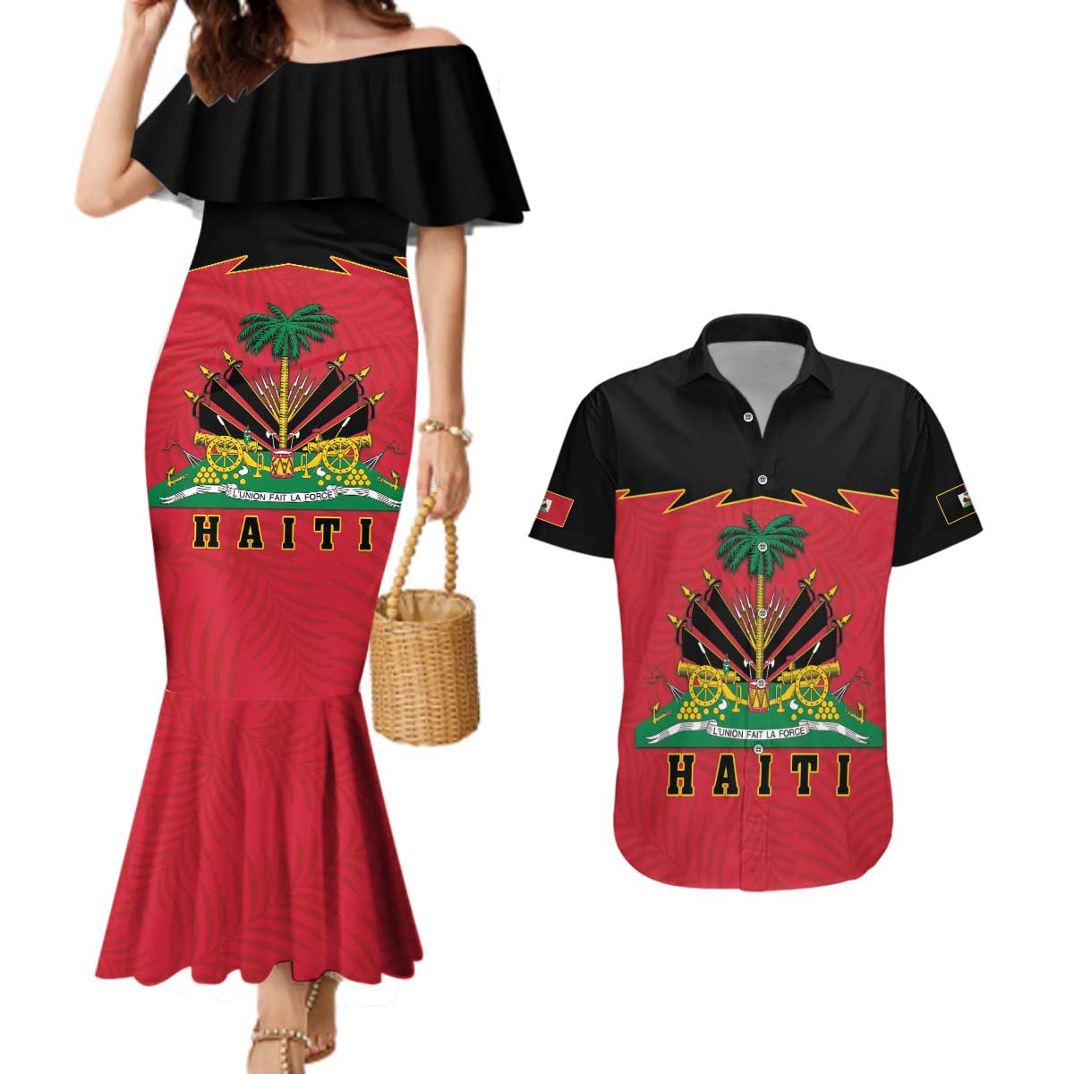 Personalized Haiti 1964 Couples Matching Mermaid Dress and Hawaiian Shirt Coat Of Arms Flag Style