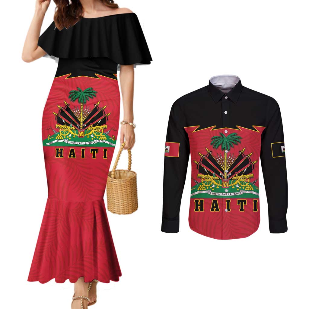 Personalized Haiti 1964 Couples Matching Mermaid Dress and Long Sleeve Button Shirt Coat Of Arms Flag Style