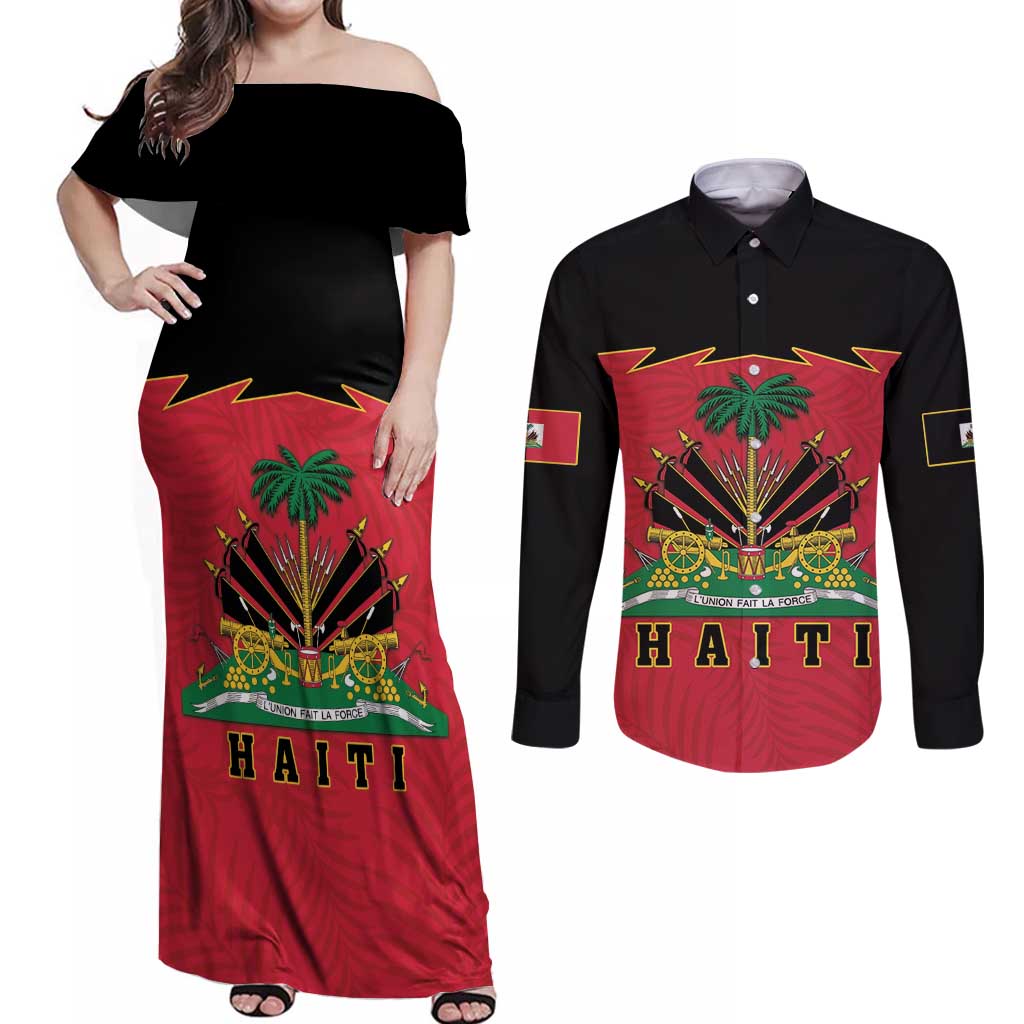 Personalized Haiti 1964 Couples Matching Off Shoulder Maxi Dress and Long Sleeve Button Shirt Coat Of Arms Flag Style