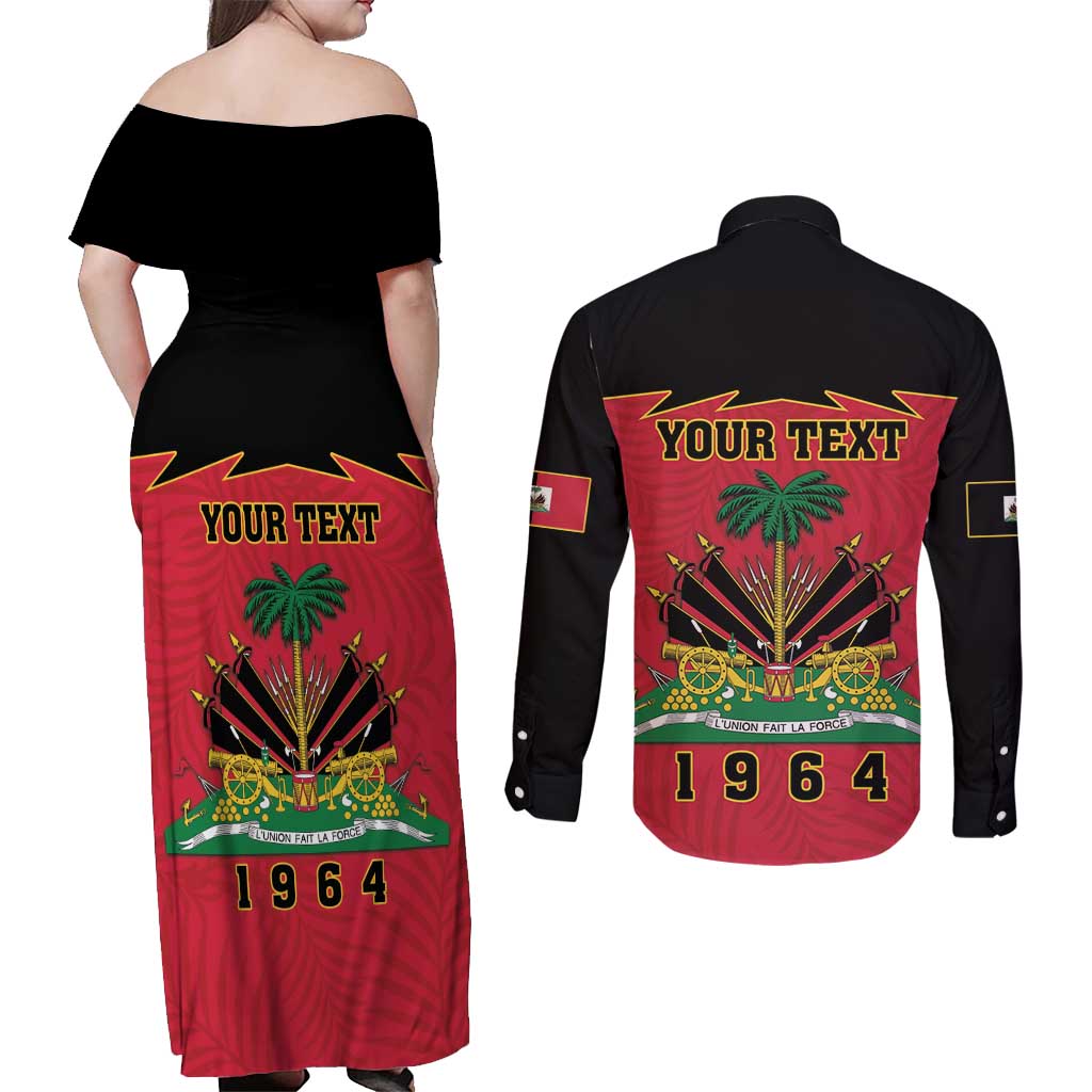Personalized Haiti 1964 Couples Matching Off Shoulder Maxi Dress and Long Sleeve Button Shirt Coat Of Arms Flag Style