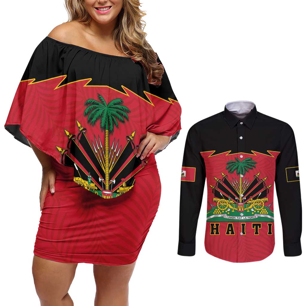 Personalized Haiti 1964 Couples Matching Off Shoulder Short Dress and Long Sleeve Button Shirt Coat Of Arms Flag Style