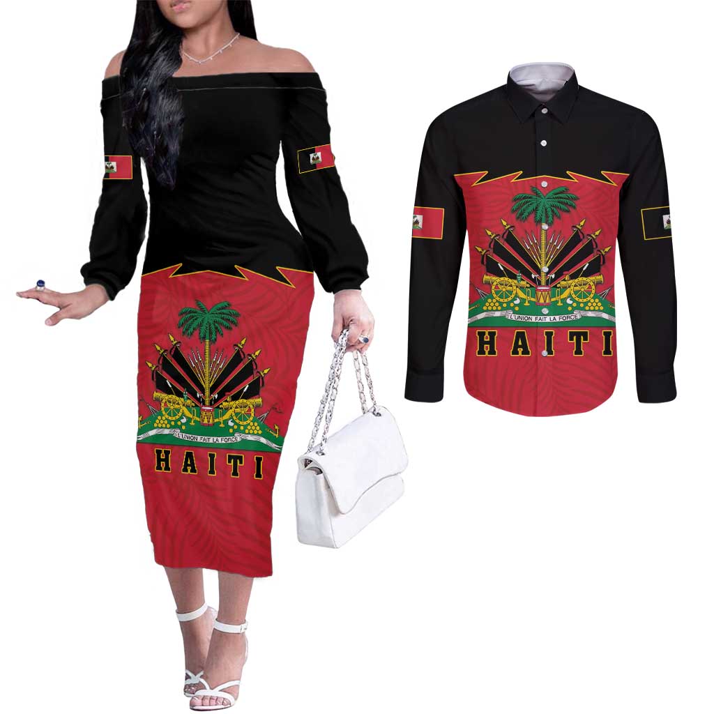 Personalized Haiti 1964 Couples Matching Off The Shoulder Long Sleeve Dress and Long Sleeve Button Shirt Coat Of Arms Flag Style