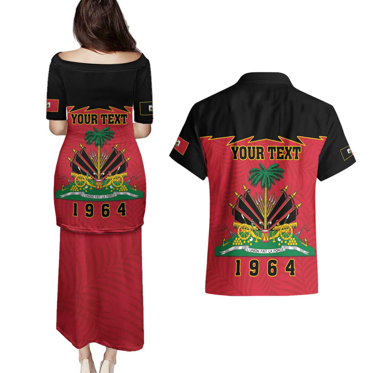 Personalized Haiti 1964 Couples Matching Puletasi and Hawaiian Shirt Coat Of Arms Flag Style