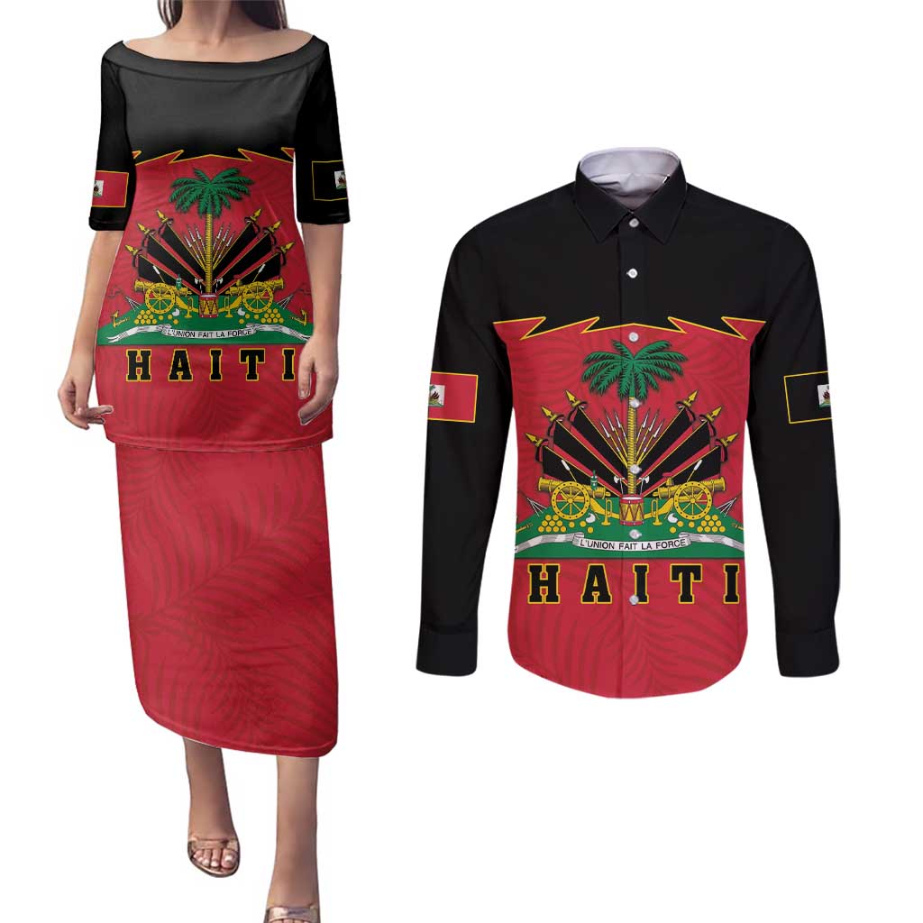 Personalized Haiti 1964 Couples Matching Puletasi and Long Sleeve Button Shirt Coat Of Arms Flag Style