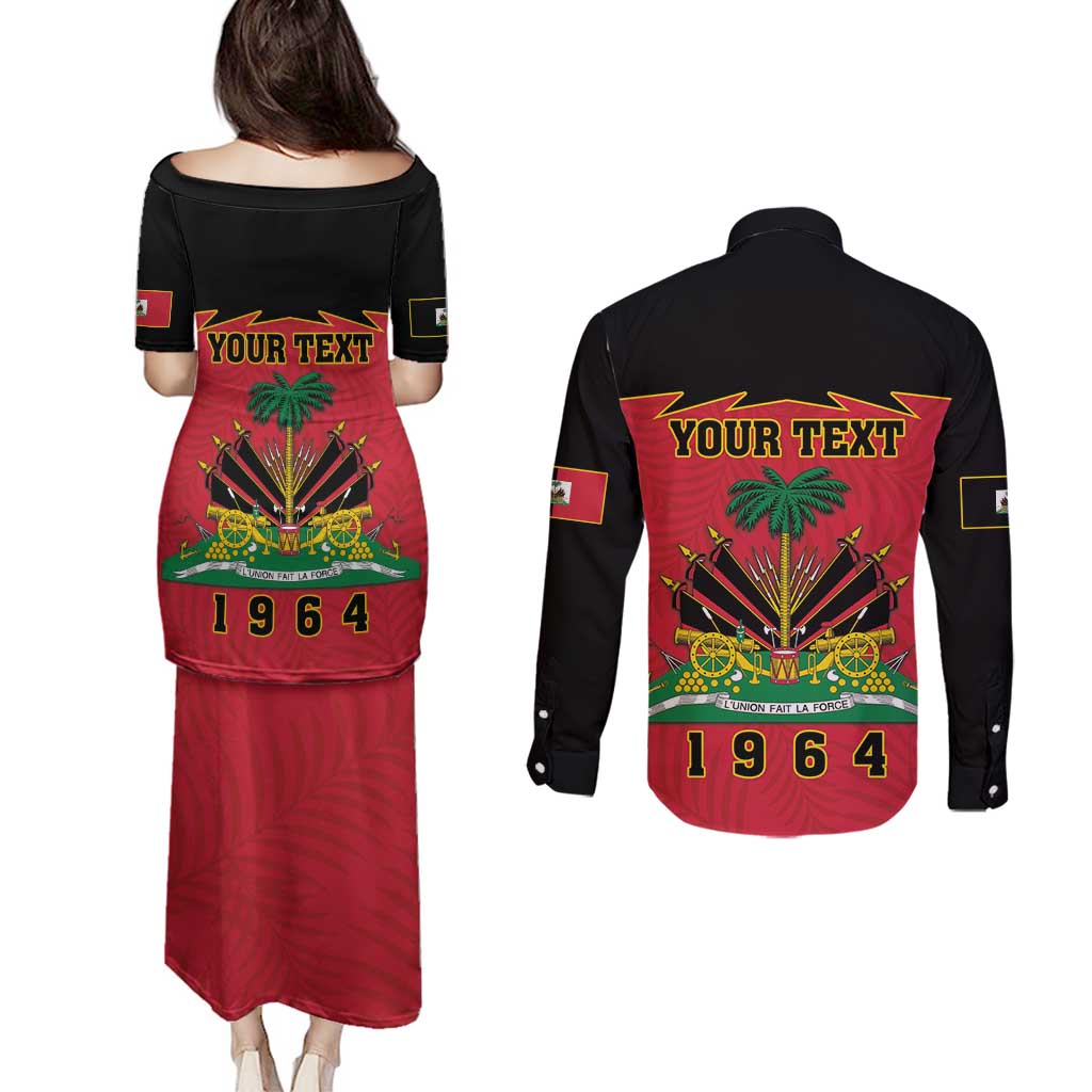 Personalized Haiti 1964 Couples Matching Puletasi and Long Sleeve Button Shirt Coat Of Arms Flag Style