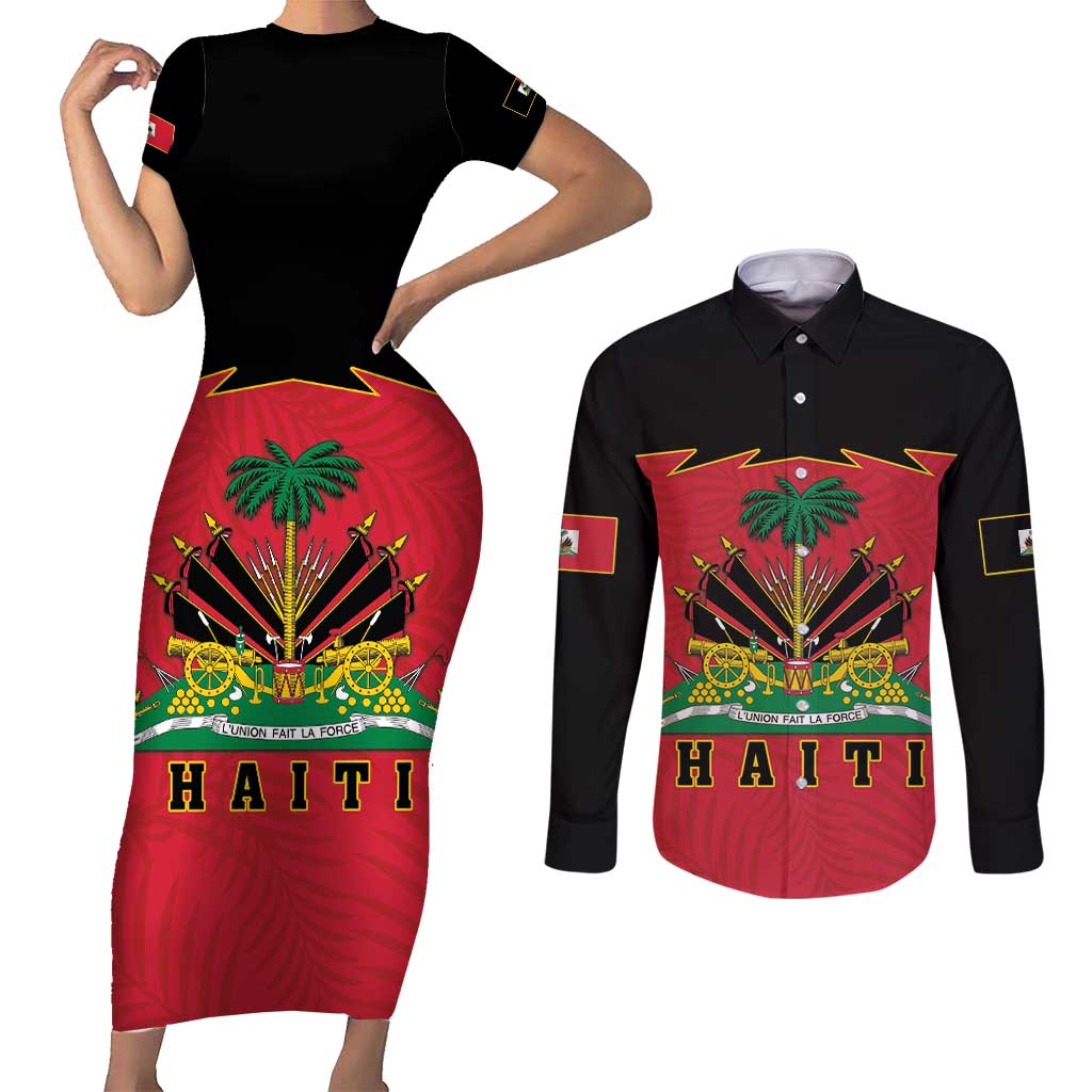 Personalized Haiti 1964 Couples Matching Short Sleeve Bodycon Dress and Long Sleeve Button Shirt Coat Of Arms Flag Style