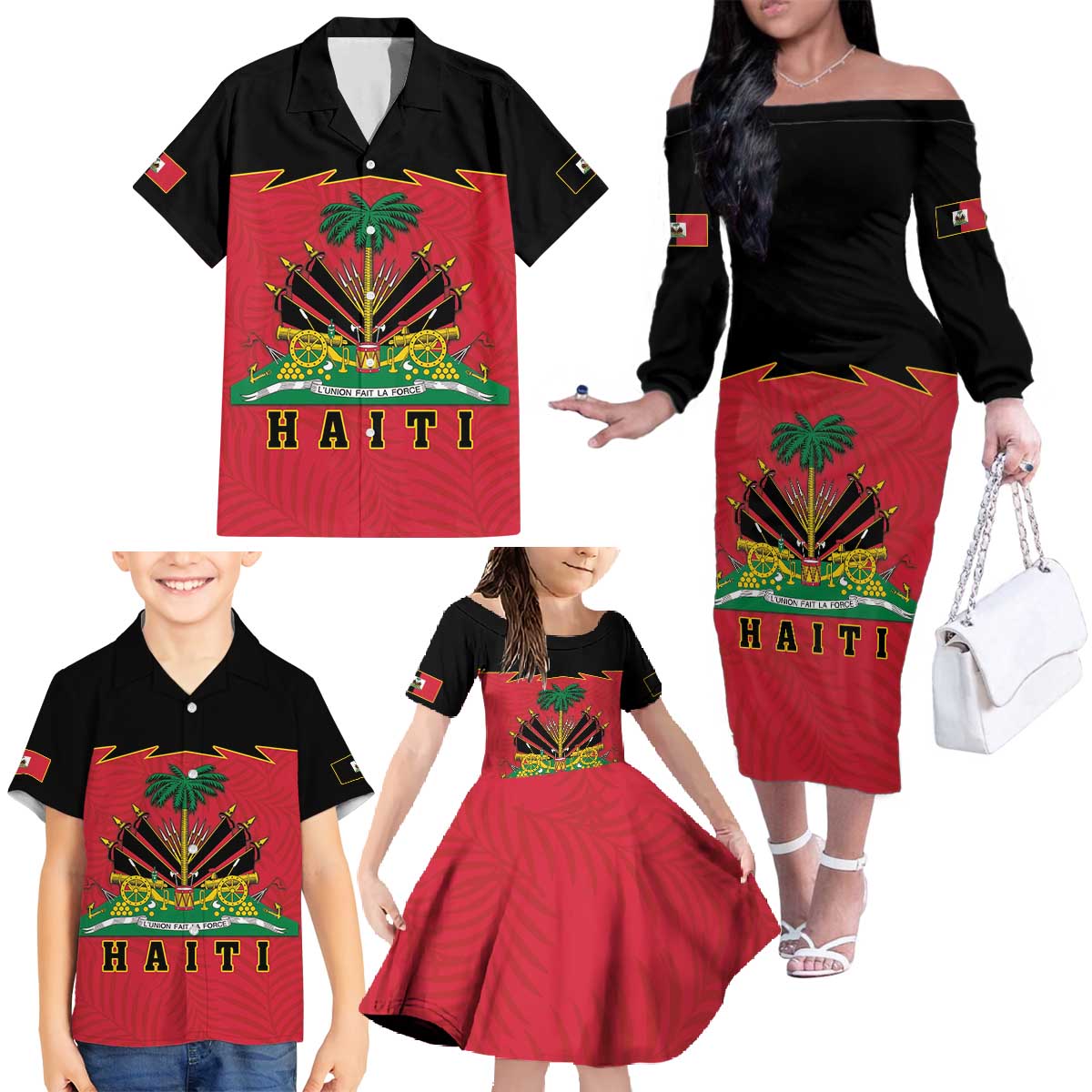 Personalized Haiti 1964 Family Matching Off The Shoulder Long Sleeve Dress and Hawaiian Shirt Coat Of Arms Flag Style