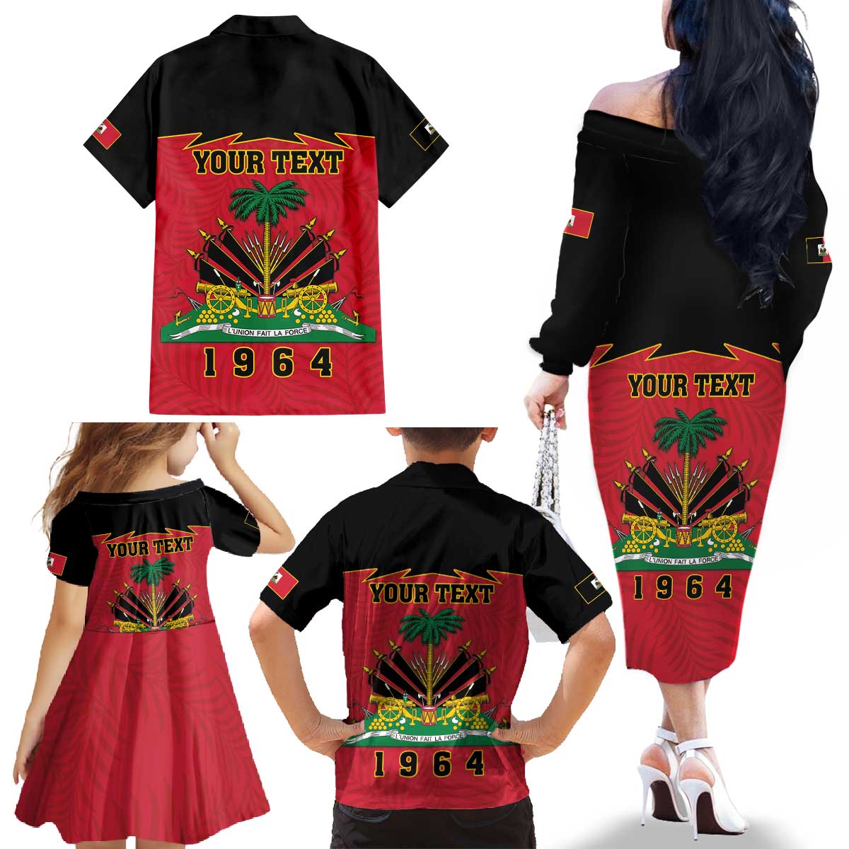 Personalized Haiti 1964 Family Matching Off The Shoulder Long Sleeve Dress and Hawaiian Shirt Coat Of Arms Flag Style