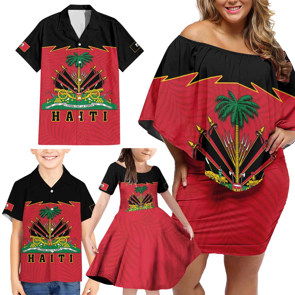 Personalized Haiti 1964 Family Matching Off Shoulder Short Dress and Hawaiian Shirt Coat Of Arms Flag Style