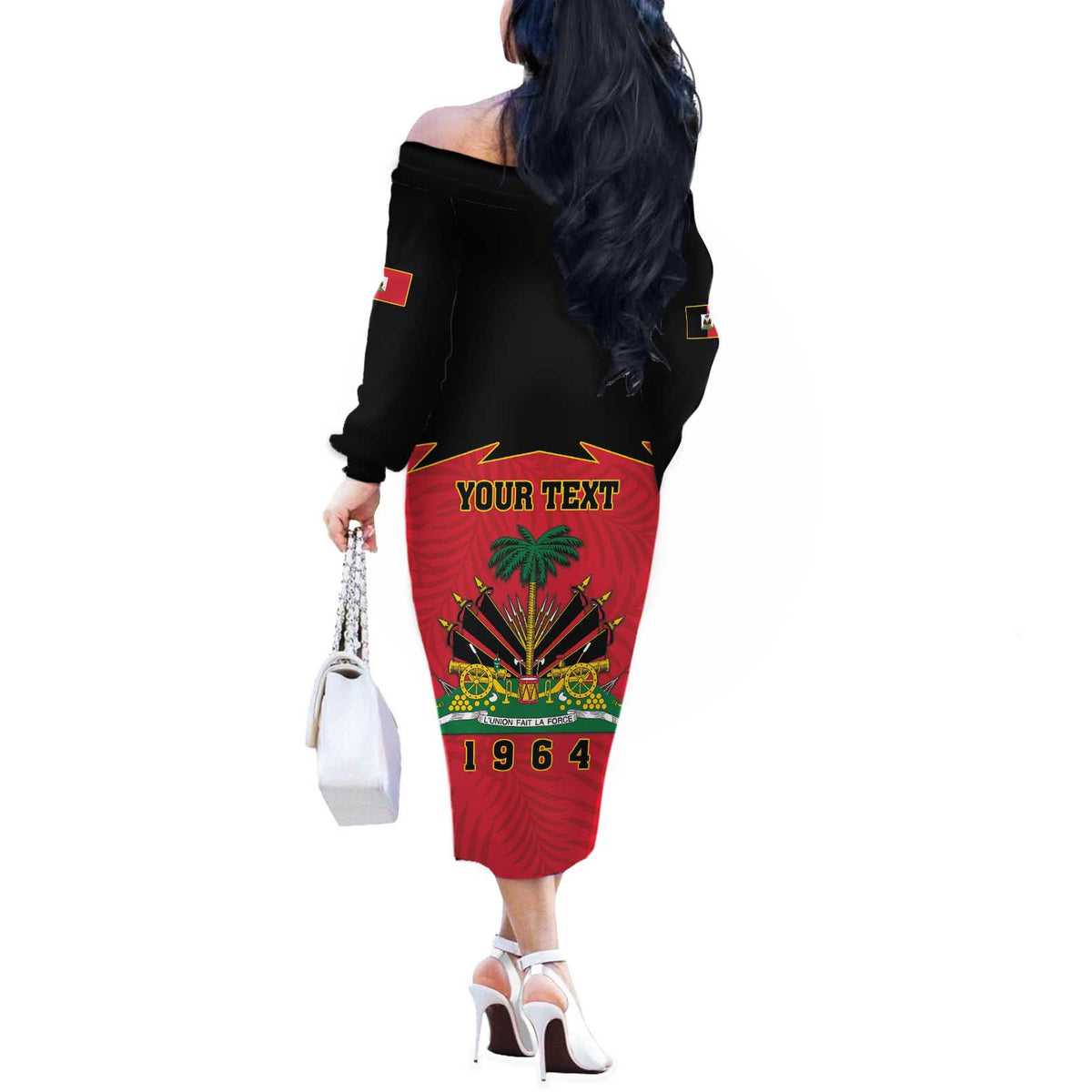 Personalized Haiti 1964 Off The Shoulder Long Sleeve Dress Coat Of Arms Flag Style