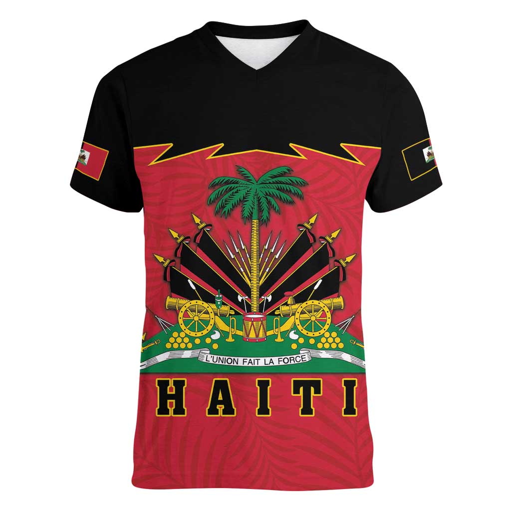 Personalized Haiti 1964 Women V-Neck T-Shirt Coat Of Arms Flag Style