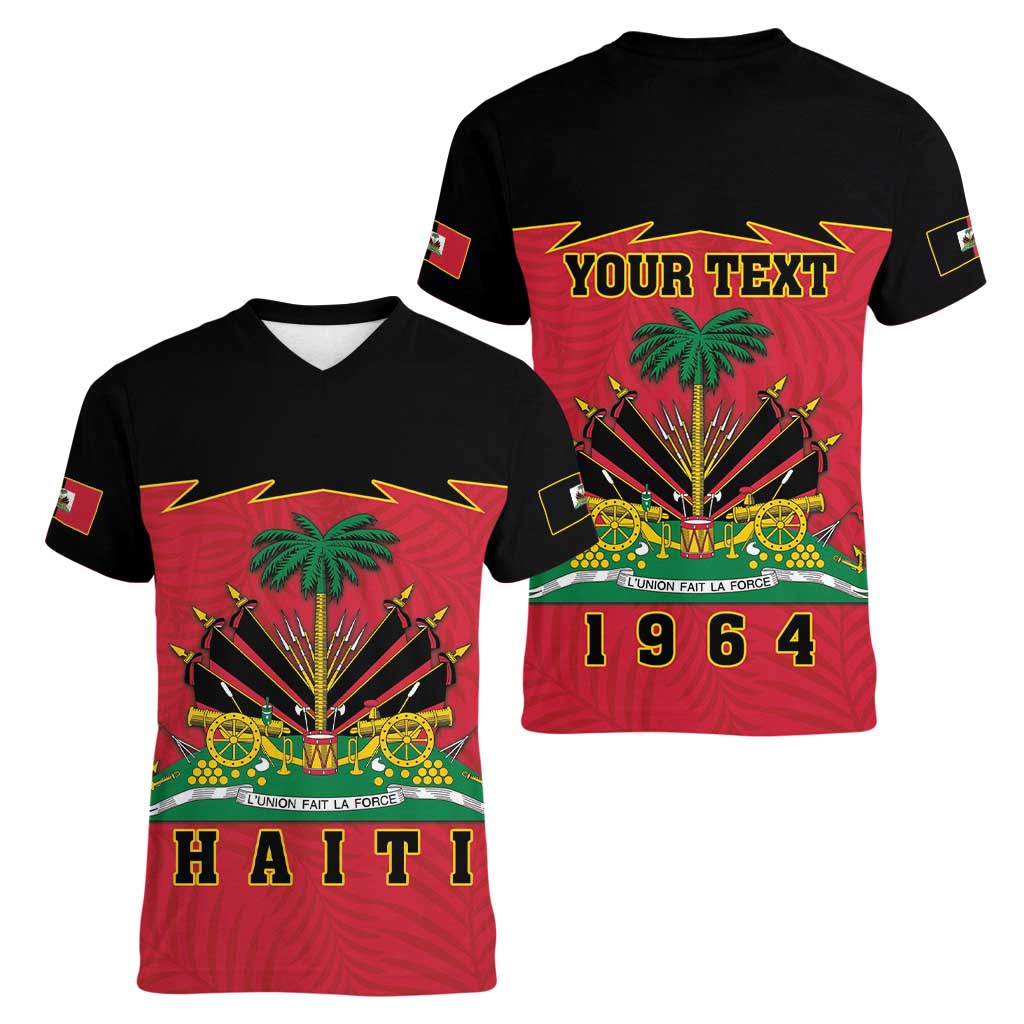 Personalized Haiti 1964 Women V-Neck T-Shirt Coat Of Arms Flag Style
