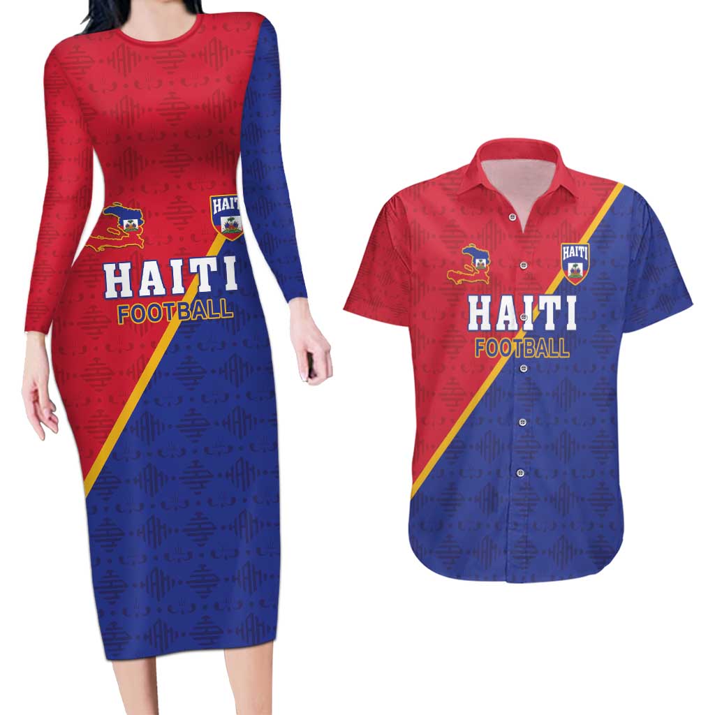 Custom Haiti Football Couples Matching Long Sleeve Bodycon Dress and Hawaiian Shirt Les Grenadiers