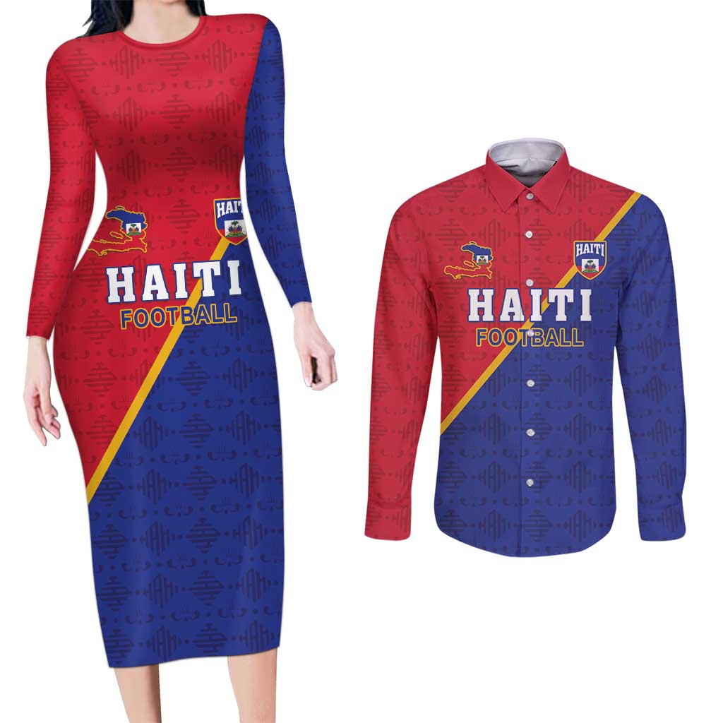 Custom Haiti Football Couples Matching Long Sleeve Bodycon Dress and Long Sleeve Button Shirt Les Grenadiers