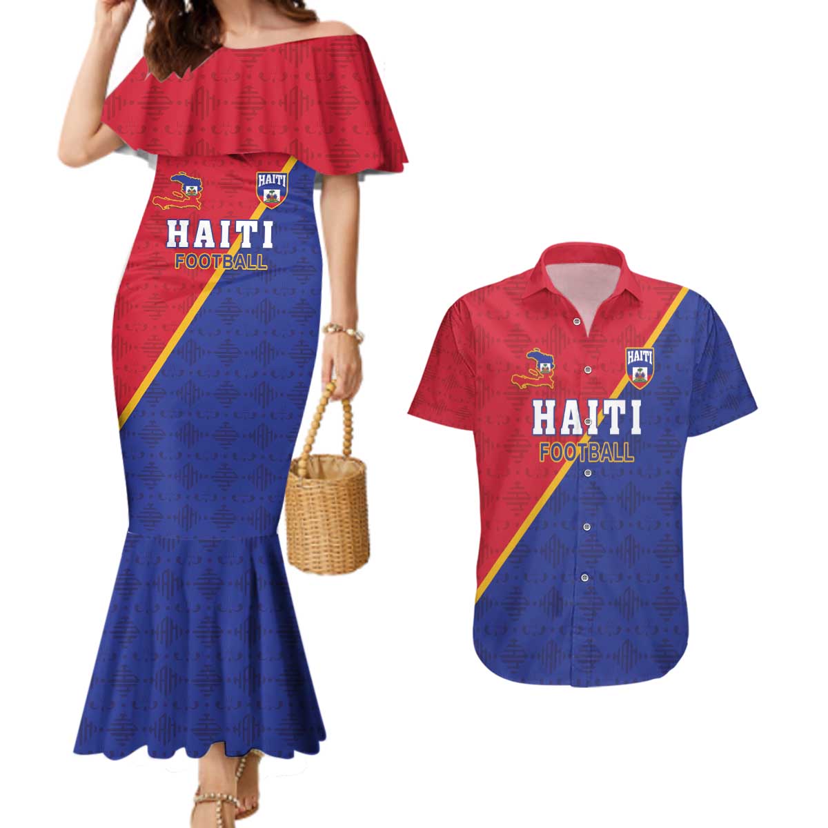 Custom Haiti Football Couples Matching Mermaid Dress and Hawaiian Shirt Les Grenadiers