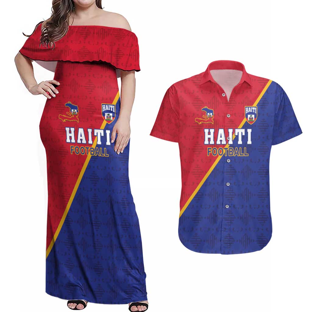 Custom Haiti Football Couples Matching Off Shoulder Maxi Dress and Hawaiian Shirt Les Grenadiers