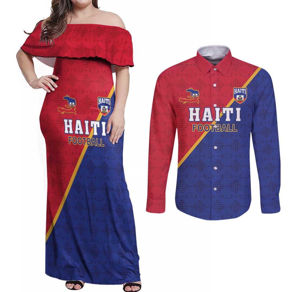Custom Haiti Football Couples Matching Off Shoulder Maxi Dress and Long Sleeve Button Shirt Les Grenadiers