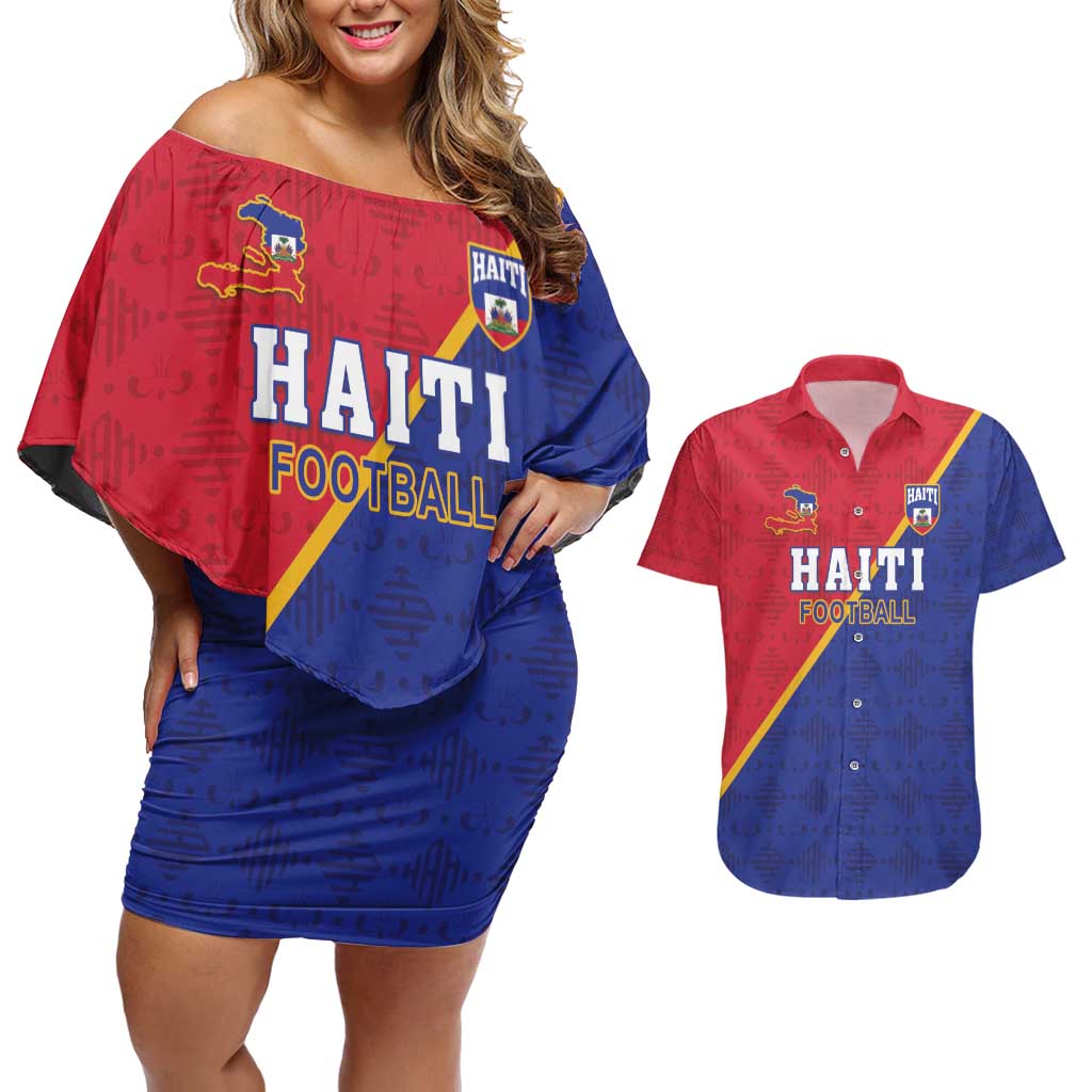 Custom Haiti Football Couples Matching Off Shoulder Short Dress and Hawaiian Shirt Les Grenadiers