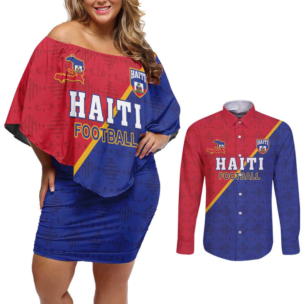 Custom Haiti Football Couples Matching Off Shoulder Short Dress and Long Sleeve Button Shirt Les Grenadiers