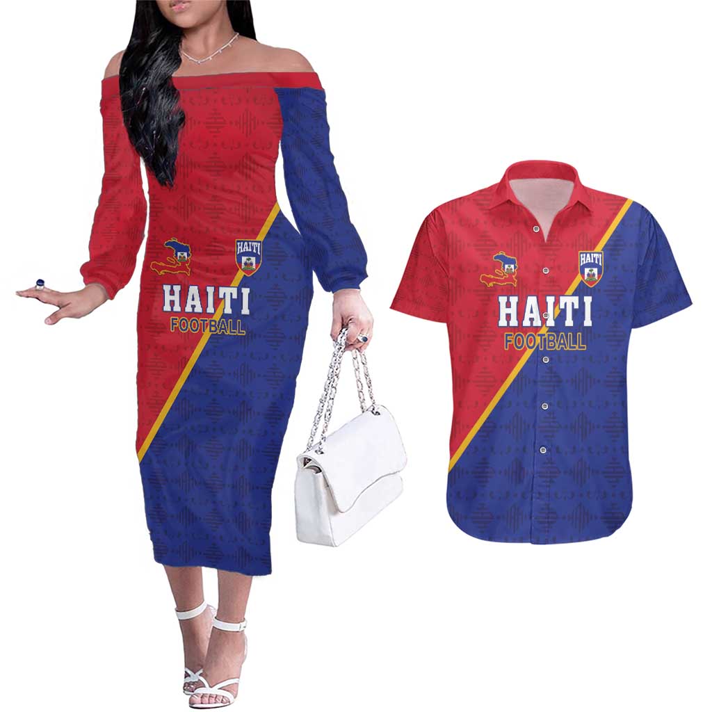 Custom Haiti Football Couples Matching Off The Shoulder Long Sleeve Dress and Hawaiian Shirt Les Grenadiers