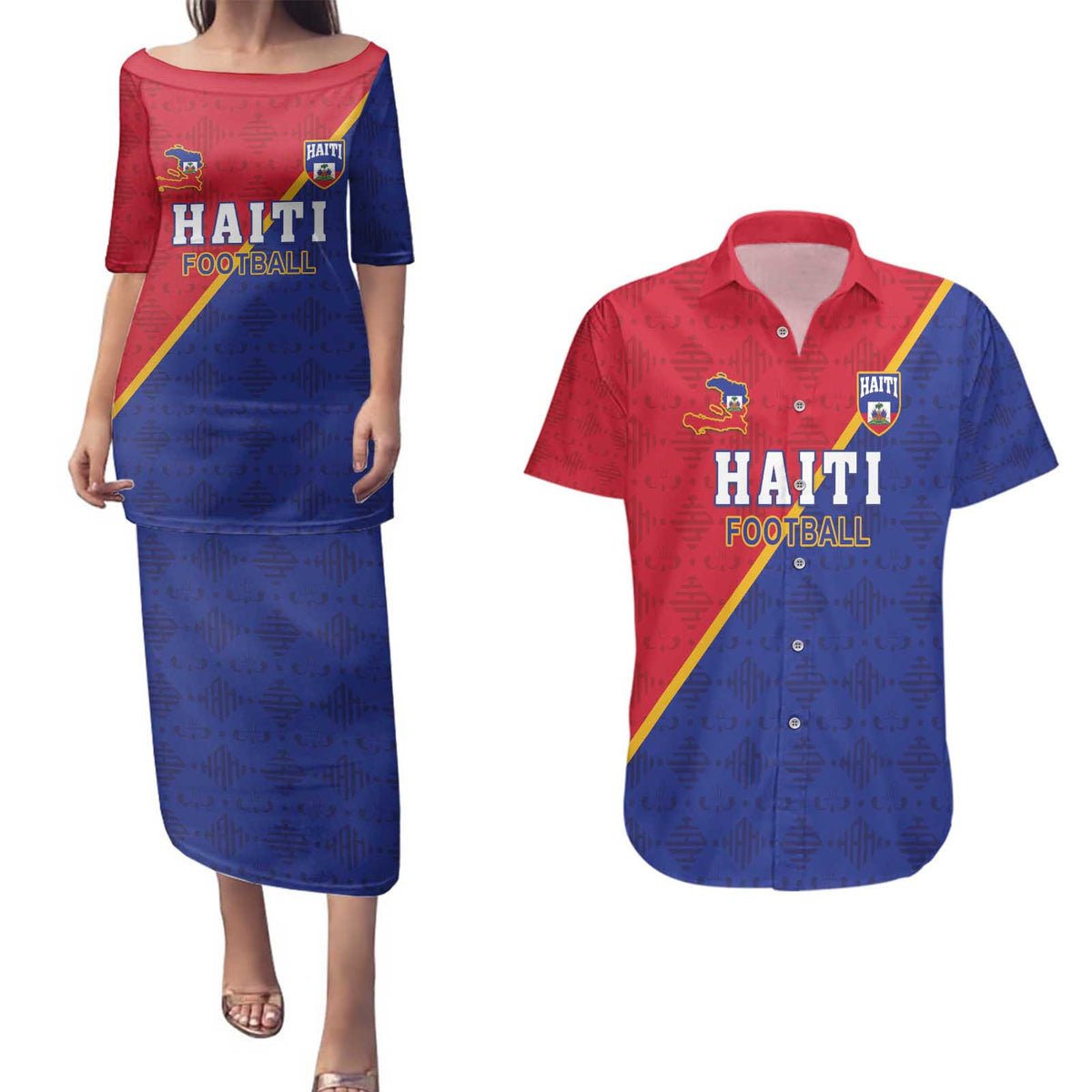 Custom Haiti Football Couples Matching Puletasi and Hawaiian Shirt Les Grenadiers