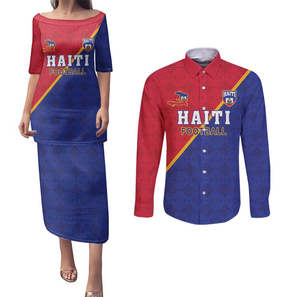 Custom Haiti Football Couples Matching Puletasi and Long Sleeve Button Shirt Les Grenadiers