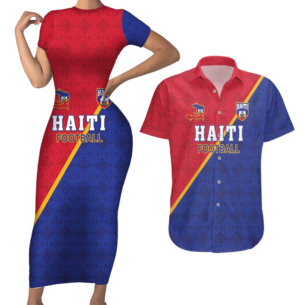 Custom Haiti Football Couples Matching Short Sleeve Bodycon Dress and Hawaiian Shirt Les Grenadiers