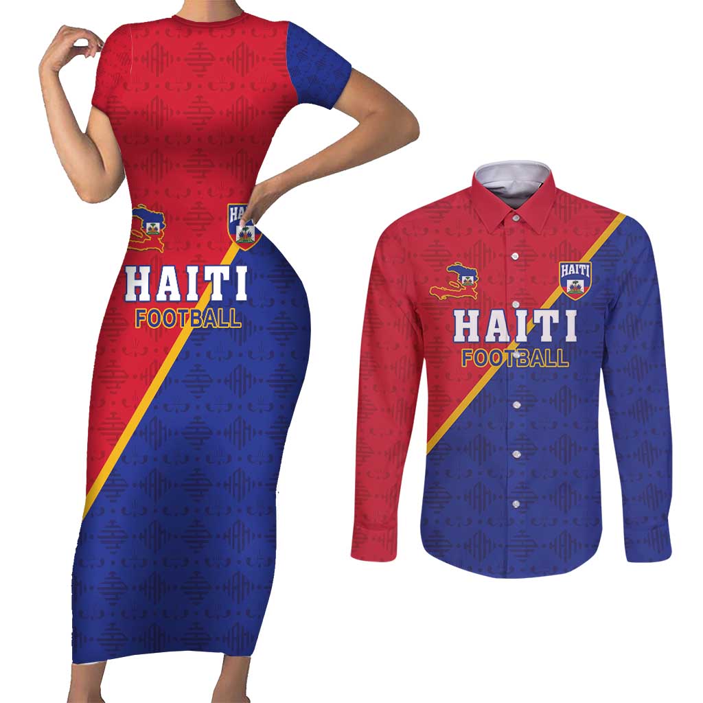Custom Haiti Football Couples Matching Short Sleeve Bodycon Dress and Long Sleeve Button Shirt Les Grenadiers