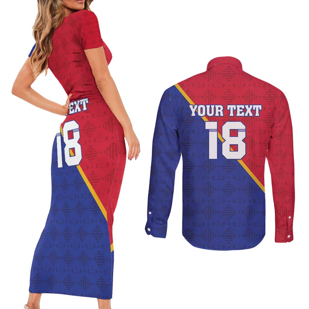 Custom Haiti Football Couples Matching Short Sleeve Bodycon Dress and Long Sleeve Button Shirt Les Grenadiers