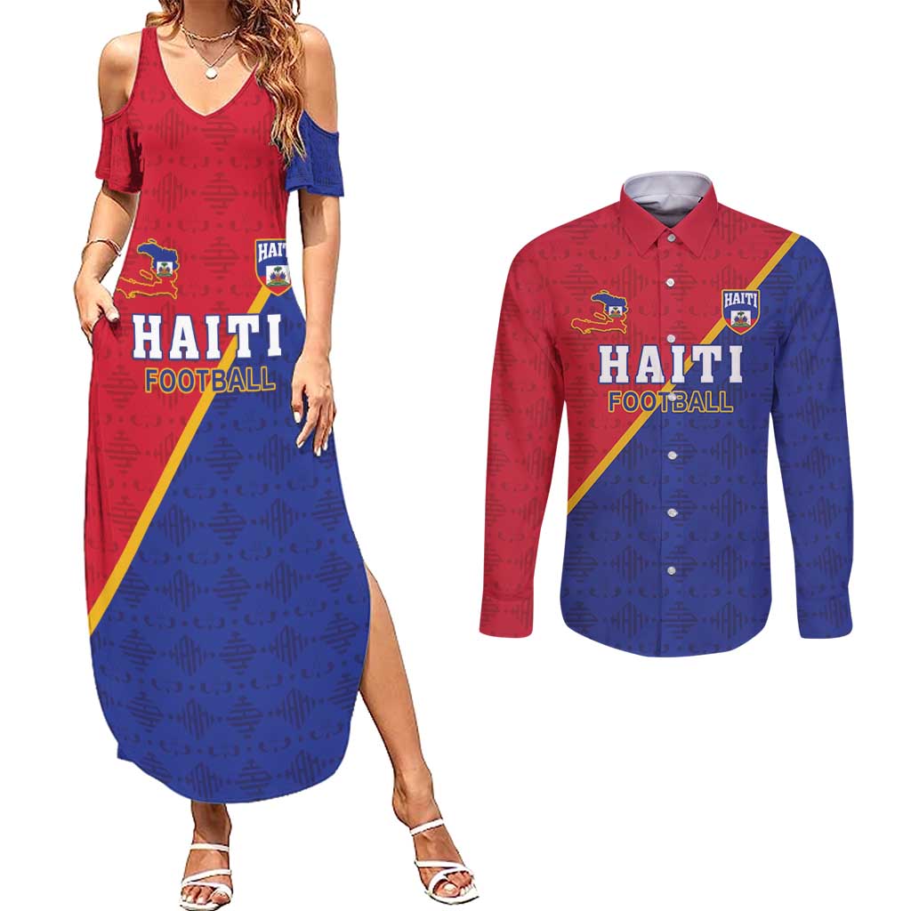 Custom Haiti Football Couples Matching Summer Maxi Dress and Long Sleeve Button Shirt Les Grenadiers