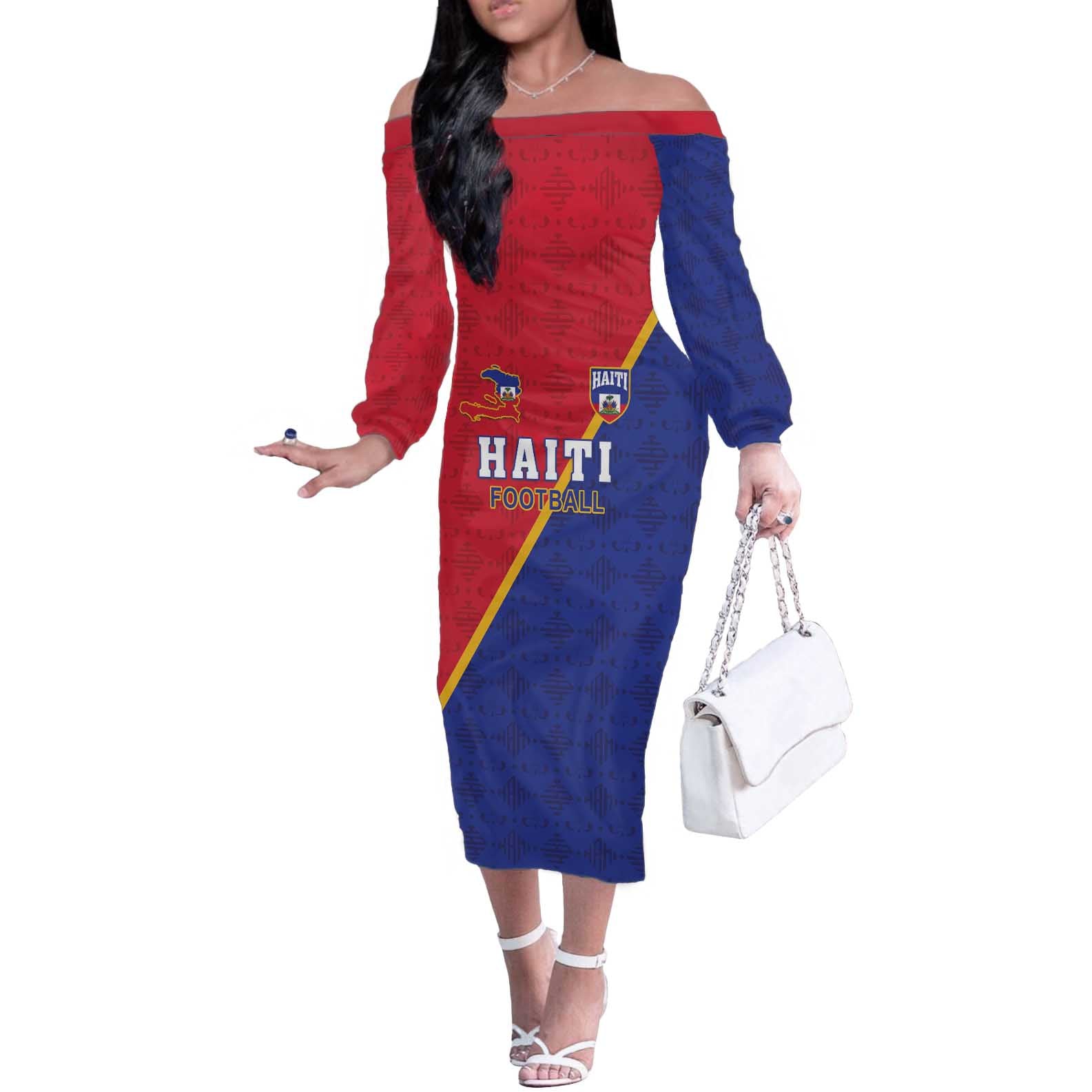 Custom Haiti Football Off The Shoulder Long Sleeve Dress Les Grenadiers