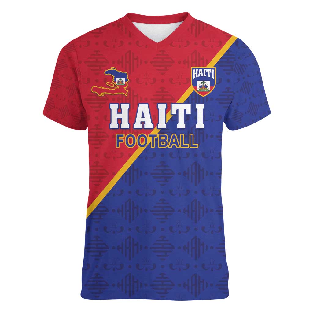 Custom Haiti Football Women V-Neck T-Shirt Les Grenadiers