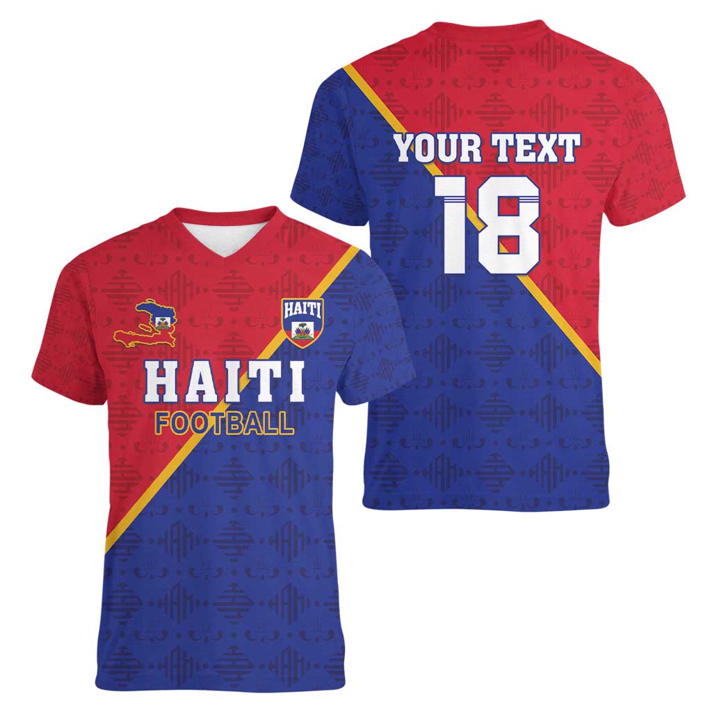 Custom Haiti Football Women V-Neck T-Shirt Les Grenadiers