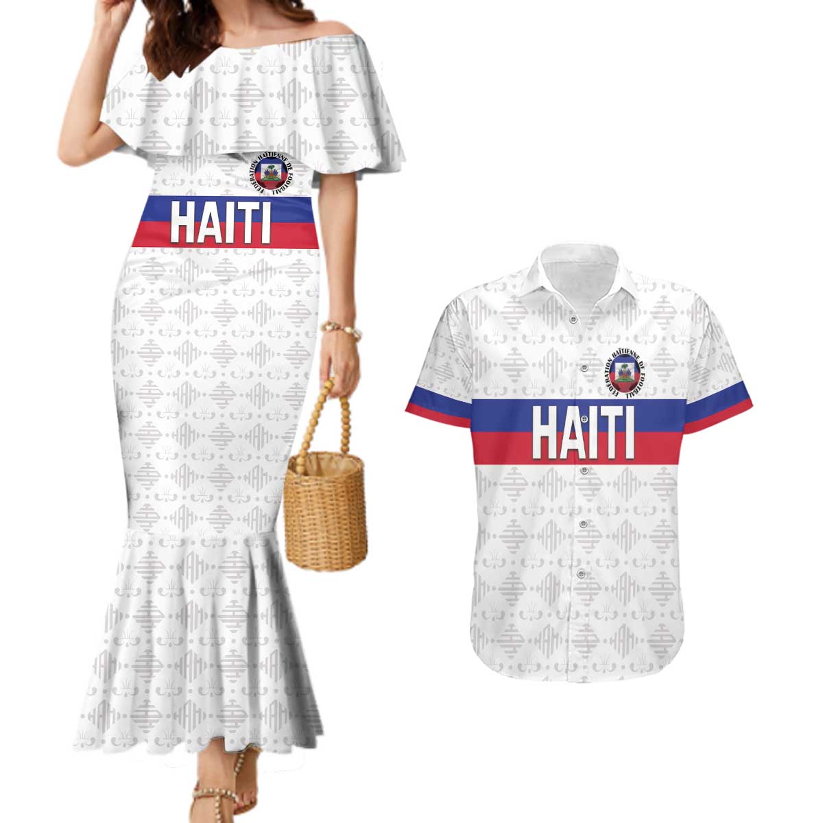 Custom Haiti Football Couples Matching Mermaid Dress and Hawaiian Shirt Ekip foutbol Ayiti