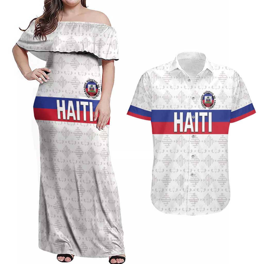 Custom Haiti Football Couples Matching Off Shoulder Maxi Dress and Hawaiian Shirt Ekip foutbol Ayiti