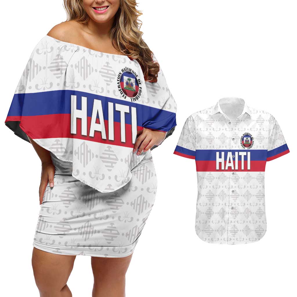 Custom Haiti Football Couples Matching Off Shoulder Short Dress and Hawaiian Shirt Ekip foutbol Ayiti