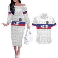 Custom Haiti Football Couples Matching Off The Shoulder Long Sleeve Dress and Hawaiian Shirt Ekip foutbol Ayiti