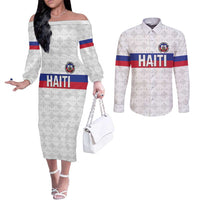 Custom Haiti Football Couples Matching Off The Shoulder Long Sleeve Dress and Long Sleeve Button Shirt Ekip foutbol Ayiti