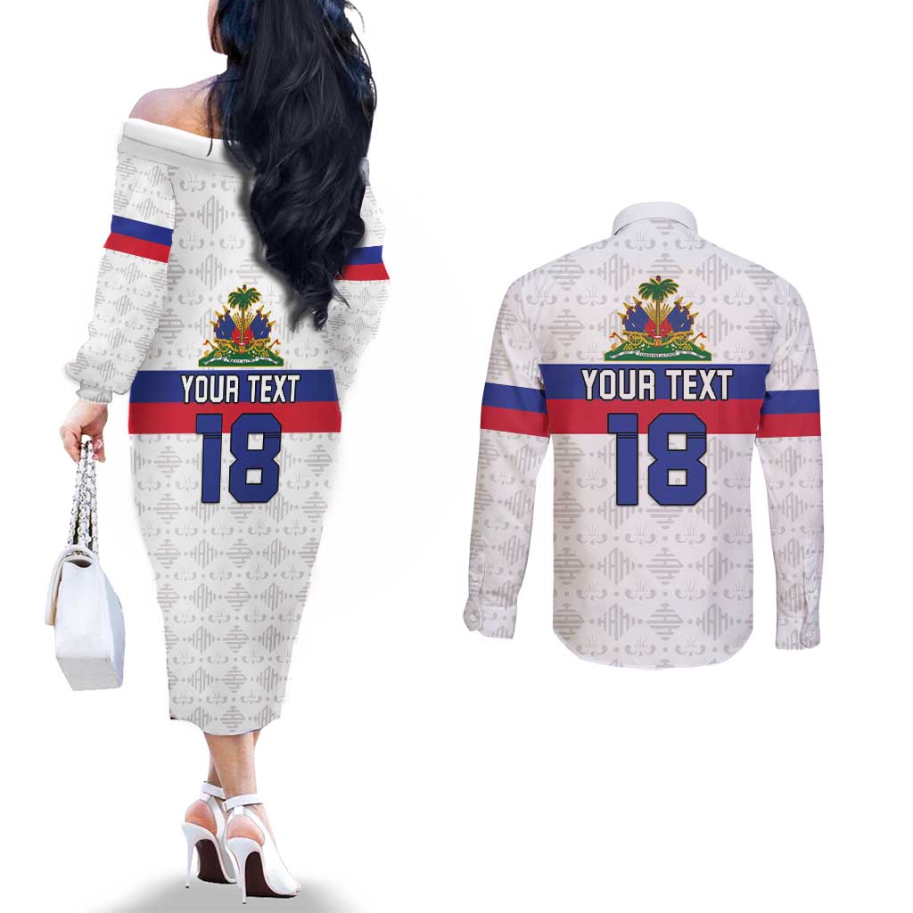 Custom Haiti Football Couples Matching Off The Shoulder Long Sleeve Dress and Long Sleeve Button Shirt Ekip foutbol Ayiti
