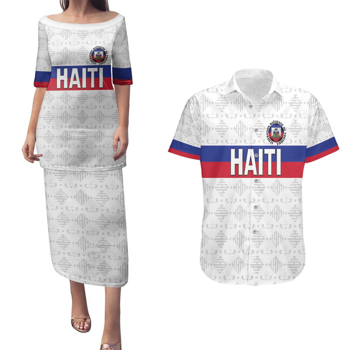 Custom Haiti Football Couples Matching Puletasi and Hawaiian Shirt Ekip foutbol Ayiti