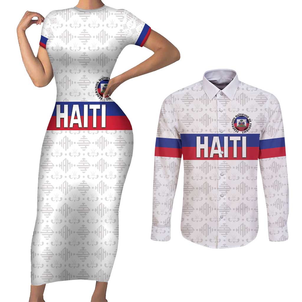 Custom Haiti Football Couples Matching Short Sleeve Bodycon Dress and Long Sleeve Button Shirt Ekip foutbol Ayiti