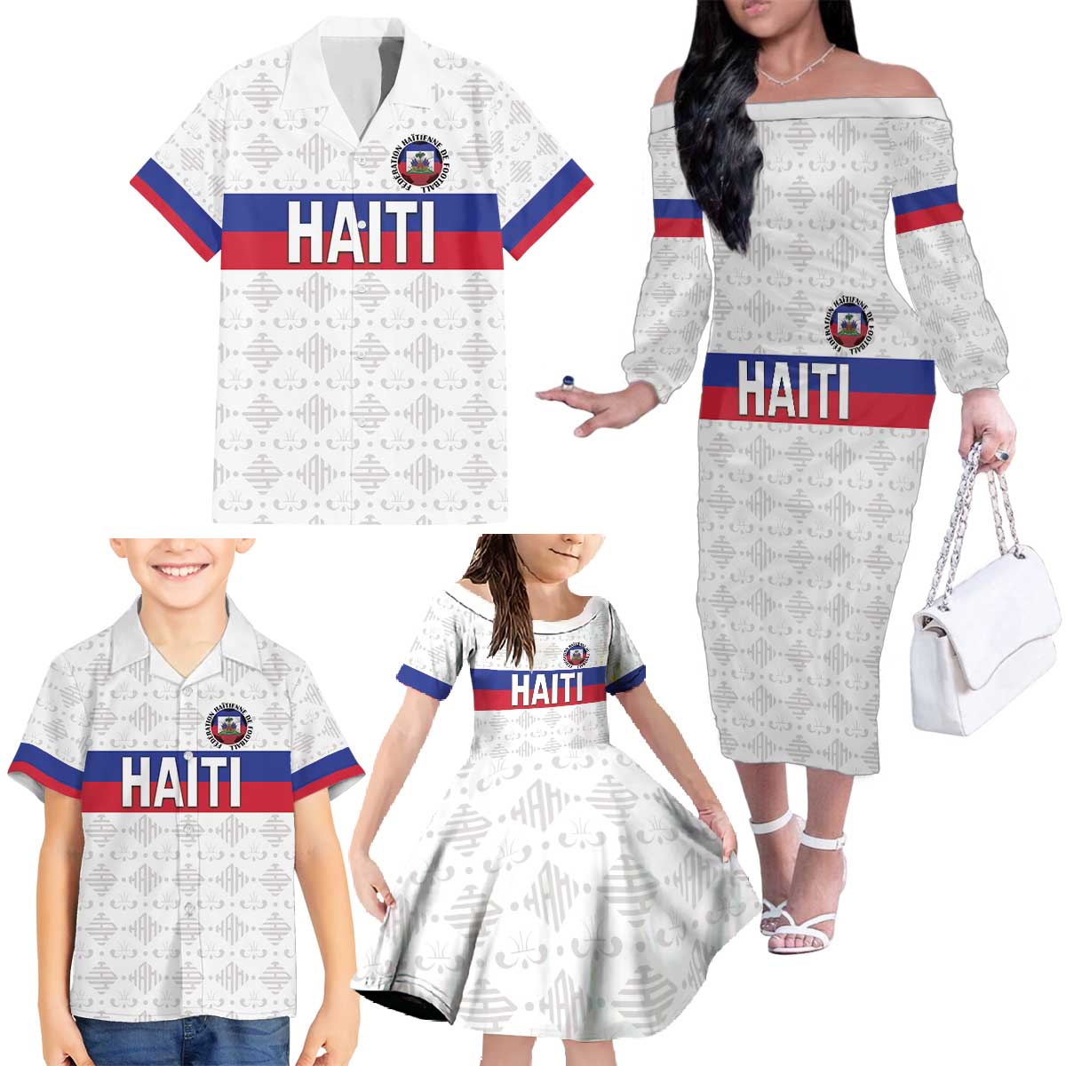Custom Haiti Football Family Matching Off The Shoulder Long Sleeve Dress and Hawaiian Shirt Ekip foutbol Ayiti