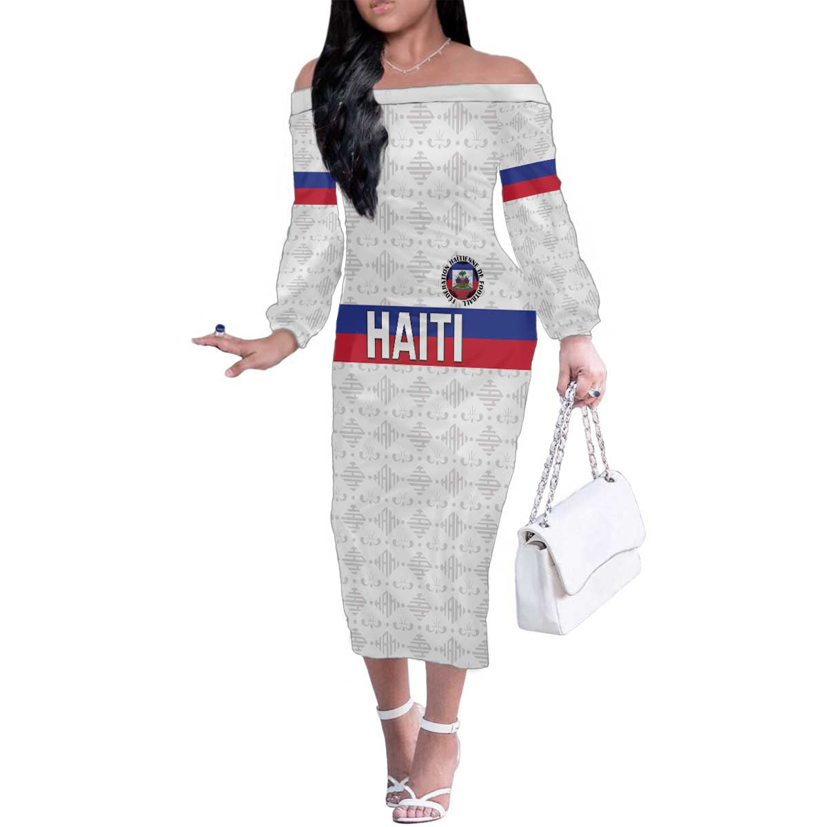 Custom Haiti Football Family Matching Off The Shoulder Long Sleeve Dress and Hawaiian Shirt Ekip foutbol Ayiti