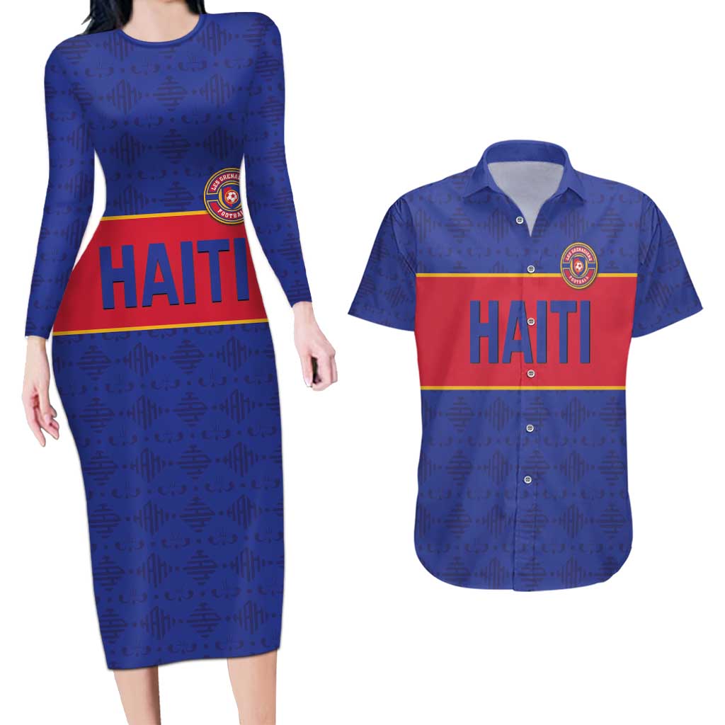 Custom Haiti Football Couples Matching Long Sleeve Bodycon Dress and Hawaiian Shirt Le Rouge et Bleu Sporty Style